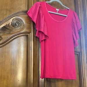 Splendid Silk Blend Feminine Hot Pink Flutter Tiered Sleeve Blouse Large